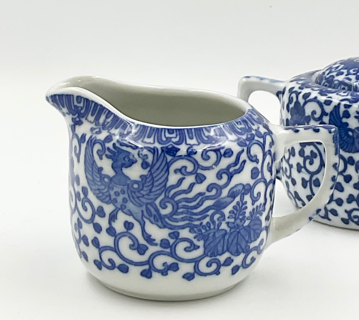 Vintage Japanese Blue & White Phoenix Sugar Bowl & Creamer Set