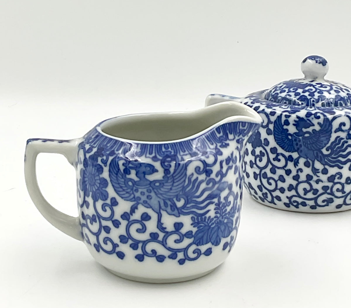 Vintage Japanese Blue & White Phoenix Sugar Bowl & Creamer Set