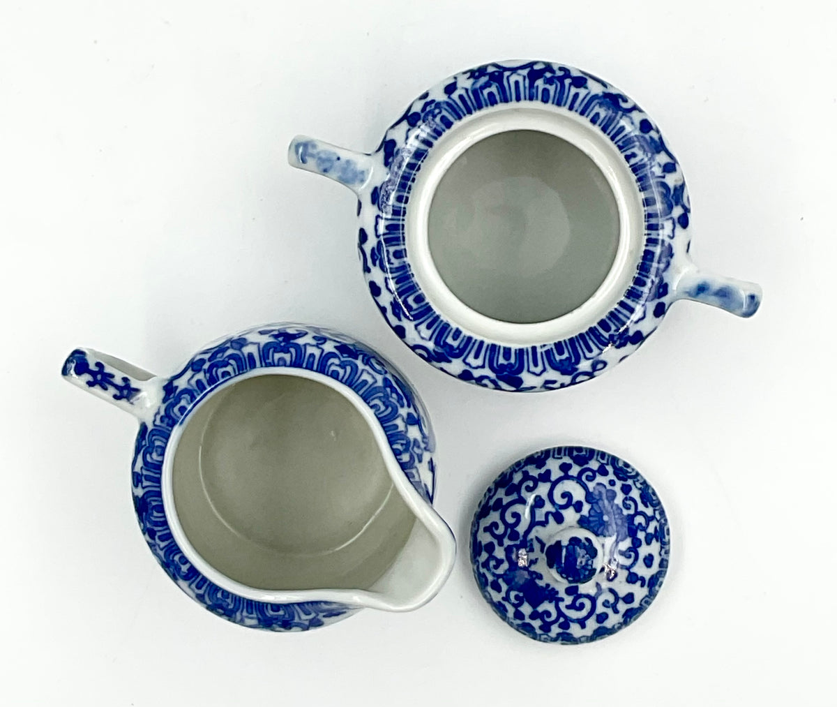 Vintage Japanese Blue & White Phoenix Sugar Bowl & Creamer Set