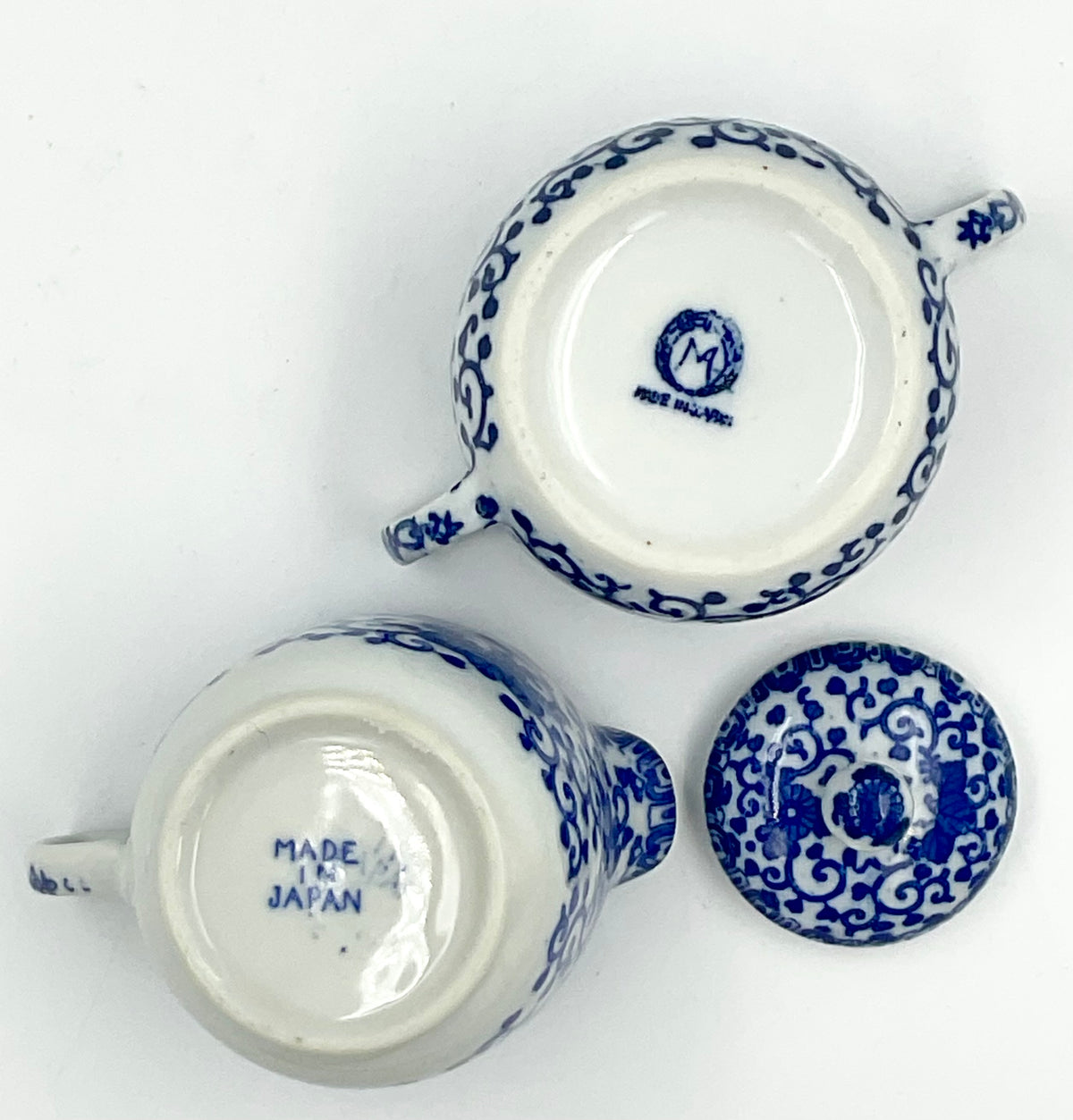 Vintage Japanese Blue & White Phoenix Sugar Bowl & Creamer Set