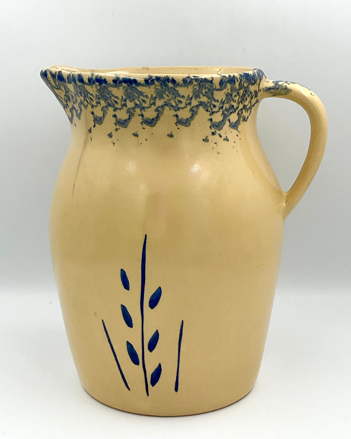 Vintage Robinson Ransbottom 2 Qt Pitcher | Blue Wheat Spongeware Stoneware Jug