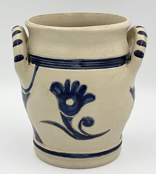 Vintage Williamsburg Restoration Stoneware Crock | Cobalt Blue Floral Utensil Holder or Vase