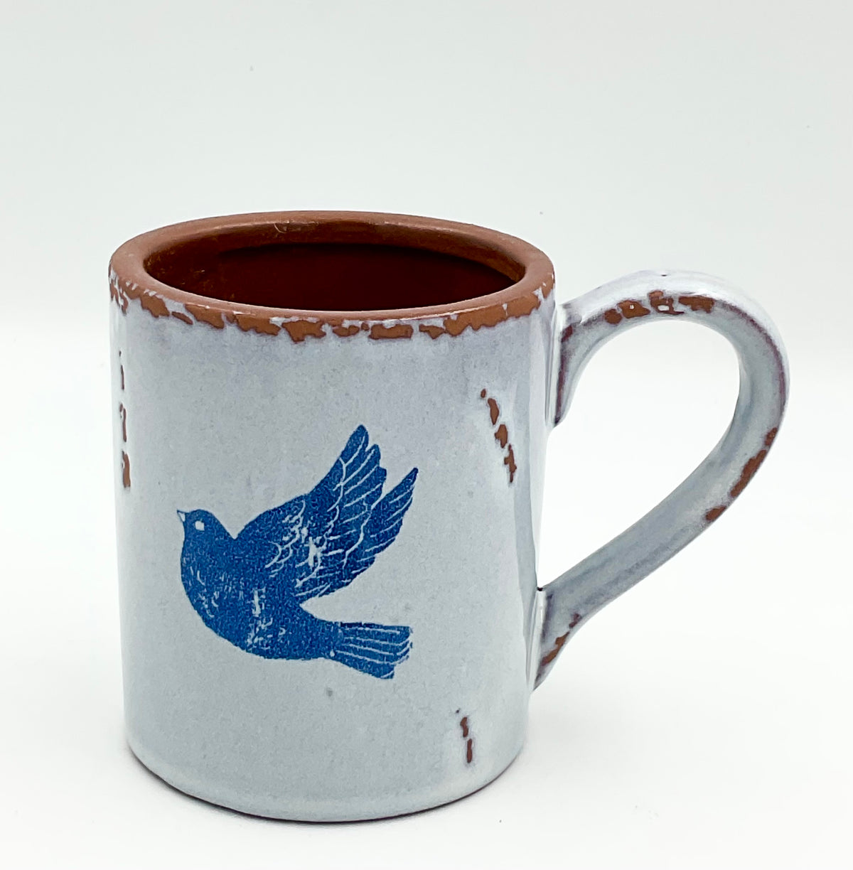 Rustic Blue Bird & Floral Pottery Mugs | Set of 2