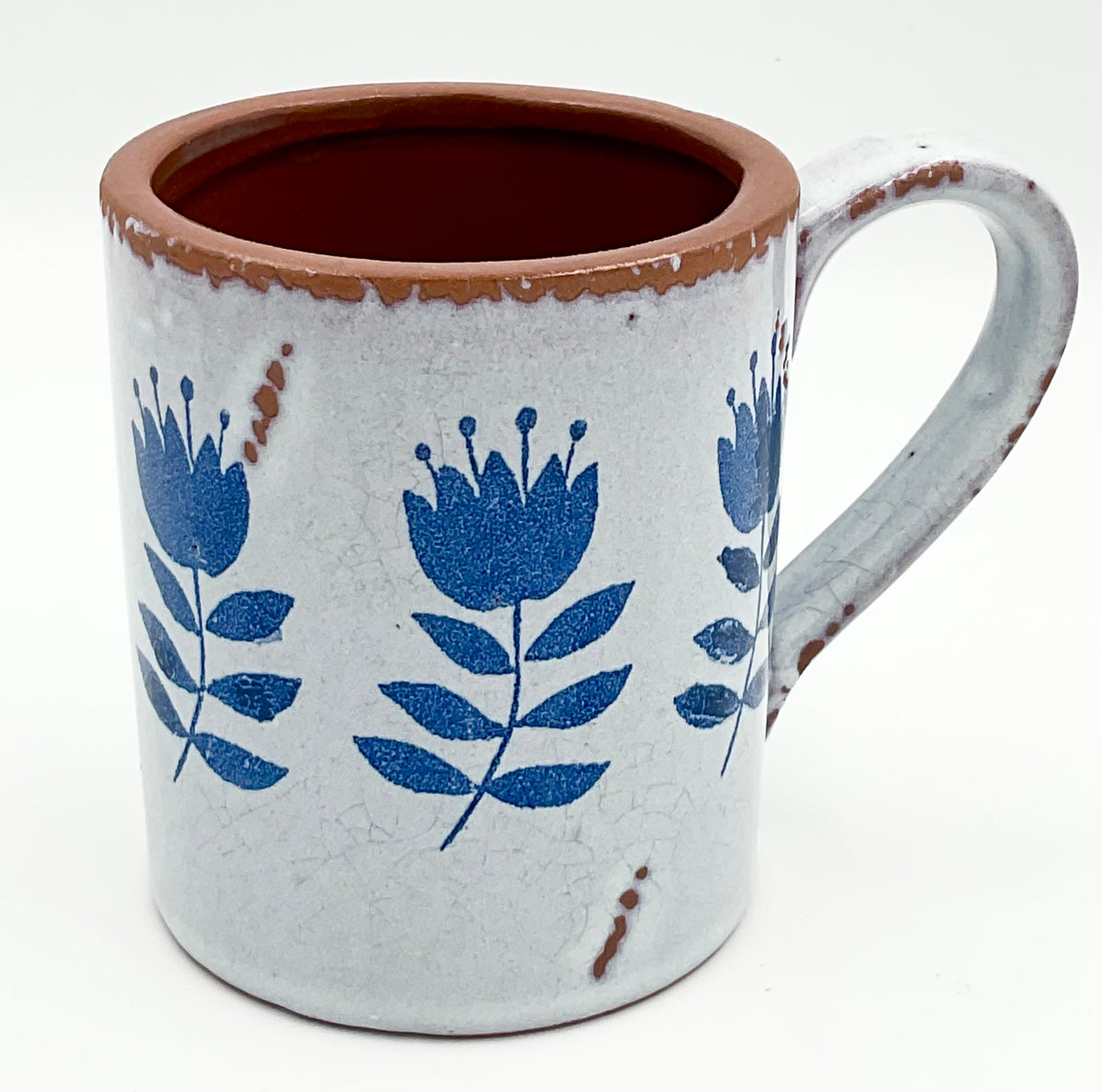 Rustic Blue Bird & Floral Pottery Mugs | Set of 2