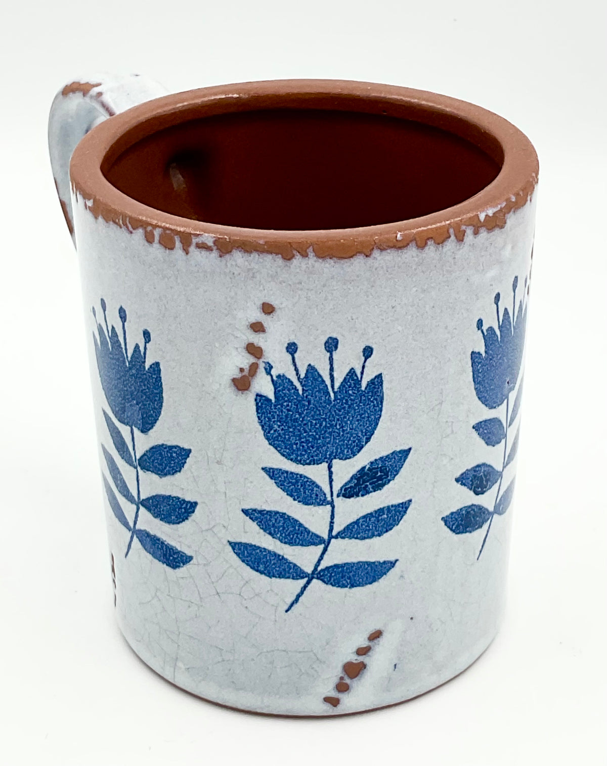 Rustic Blue Bird & Floral Pottery Mugs | Set of 2