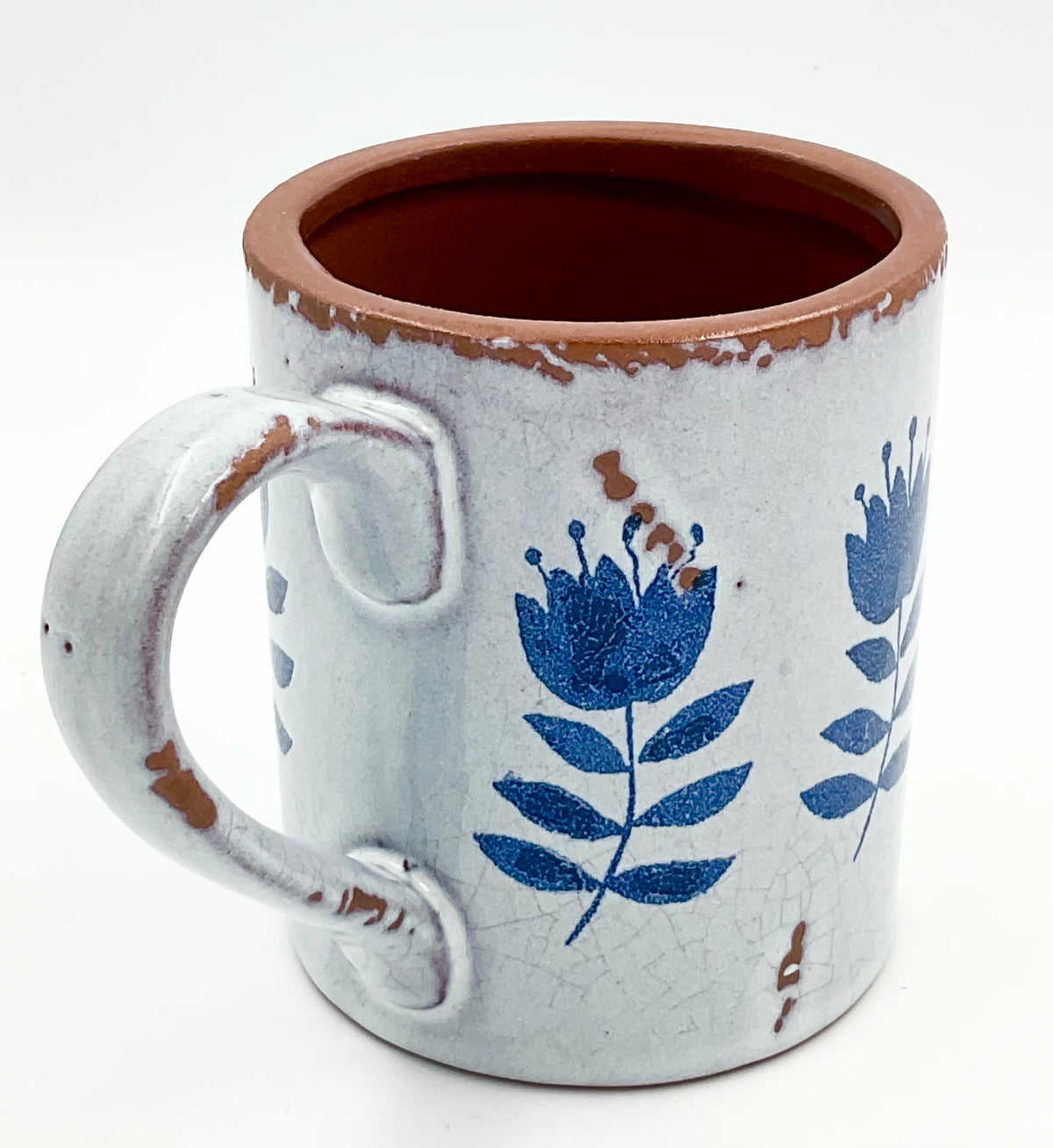 Rustic Blue Bird & Floral Pottery Mugs | Set of 2