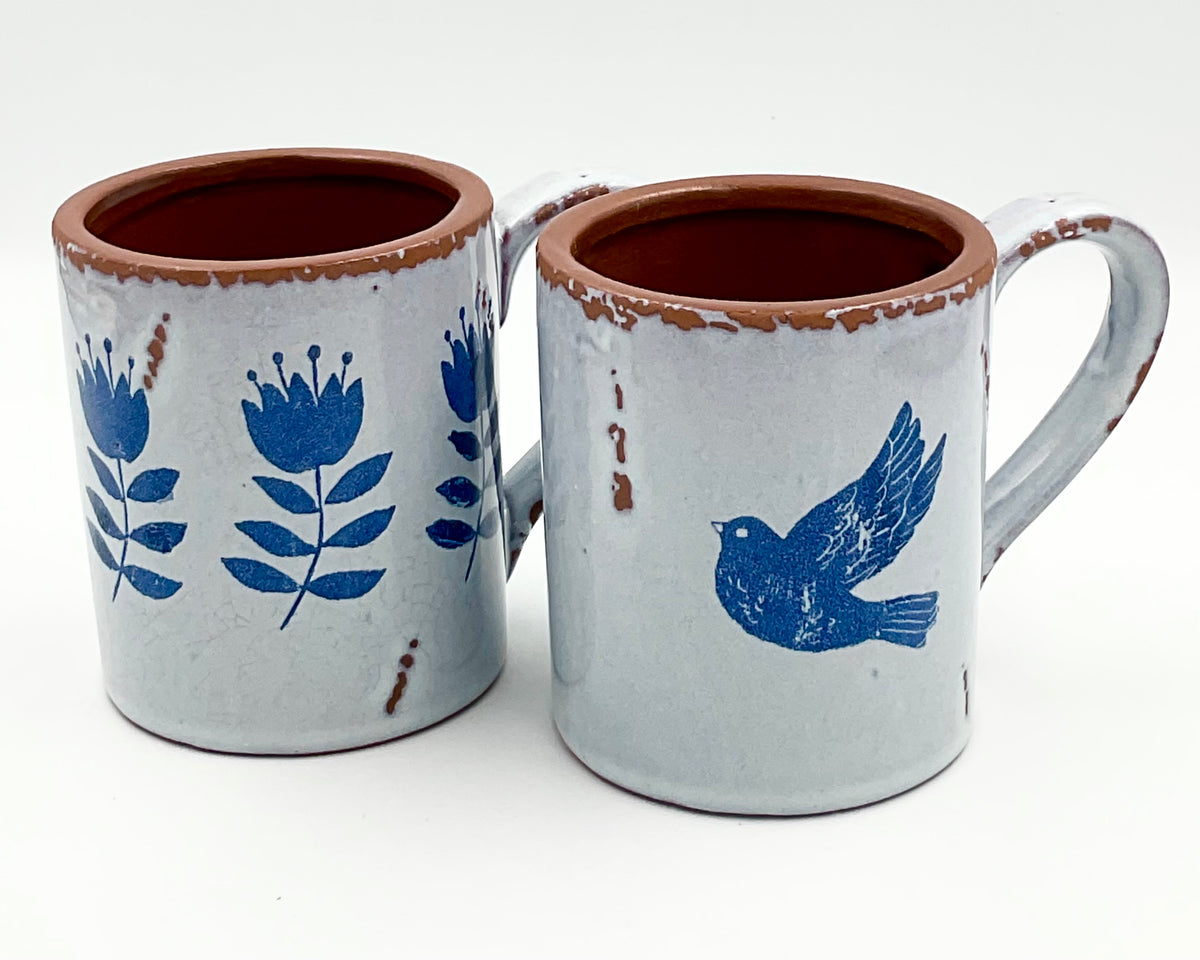 Rustic Blue Bird & Floral Pottery Mugs | Set of 2