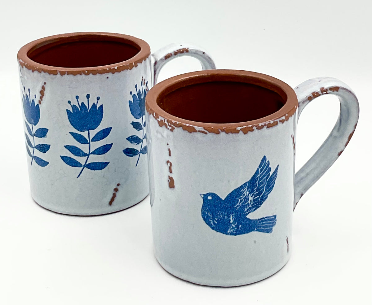 Rustic Blue Bird & Floral Pottery Mugs | Set of 2