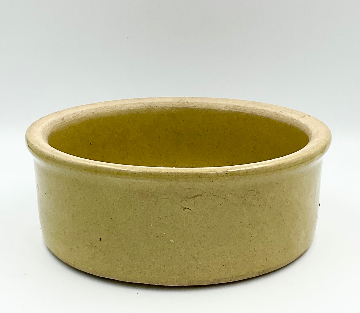 Vintage R.R.P. Co. stoneware dog bowl, back view