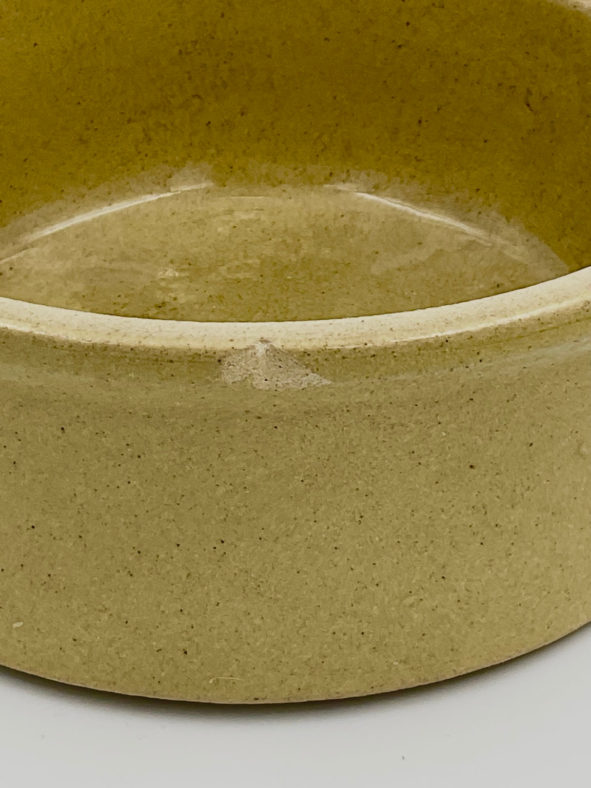 Close-up of small rim chip on vintage R.R.P. Co. dog bowl
