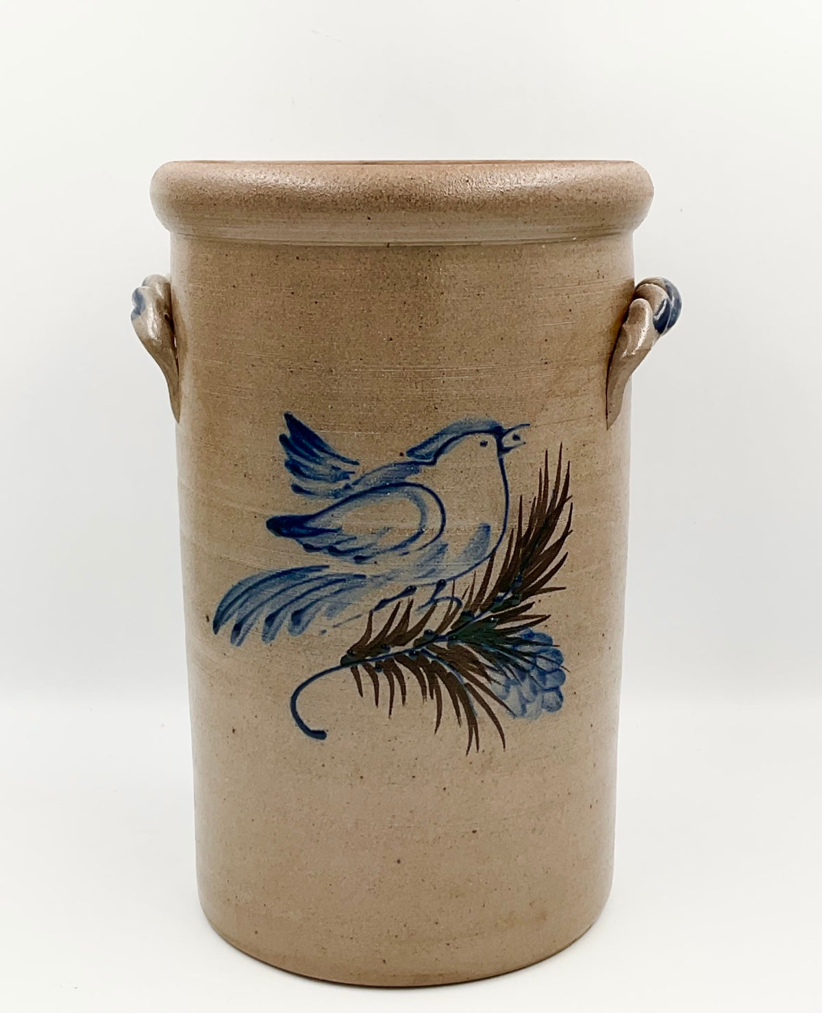 Rowe Pottery Works stoneware vase with blue bird and twisted handles
