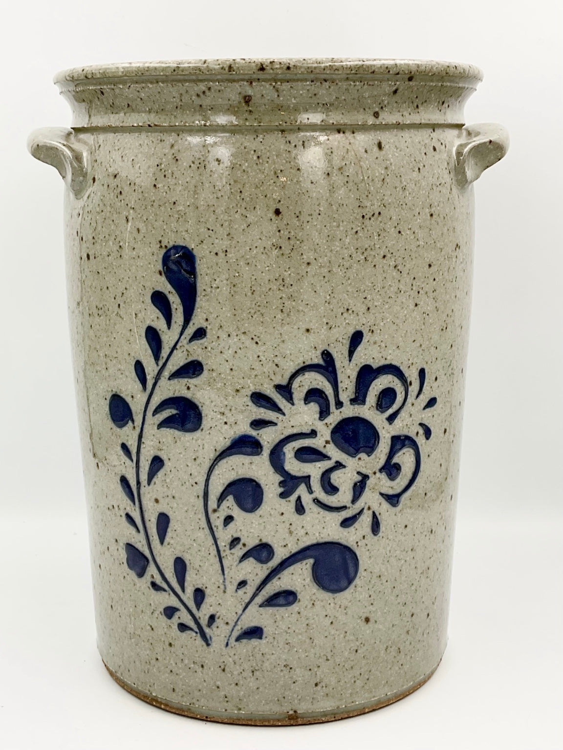 Signed Baumann stoneware crock vase with cobalt blue floral decoration