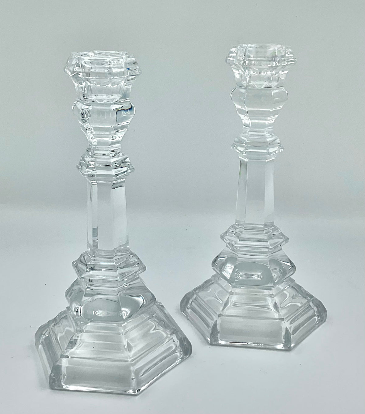Tiffany & Co. Crystal Candlesticks – Pair with Hexagonal Bases, 8 Inches