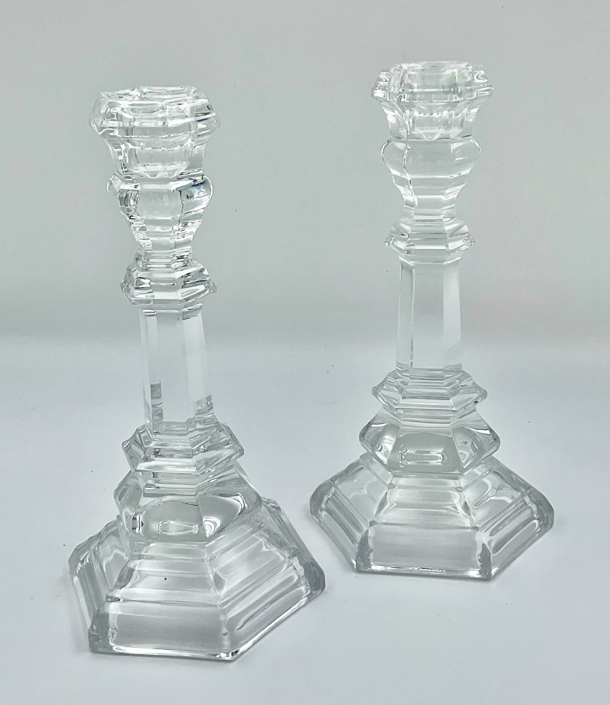 Tiffany & Co. Crystal Candlesticks – Pair with Hexagonal Bases, 8 Inches
