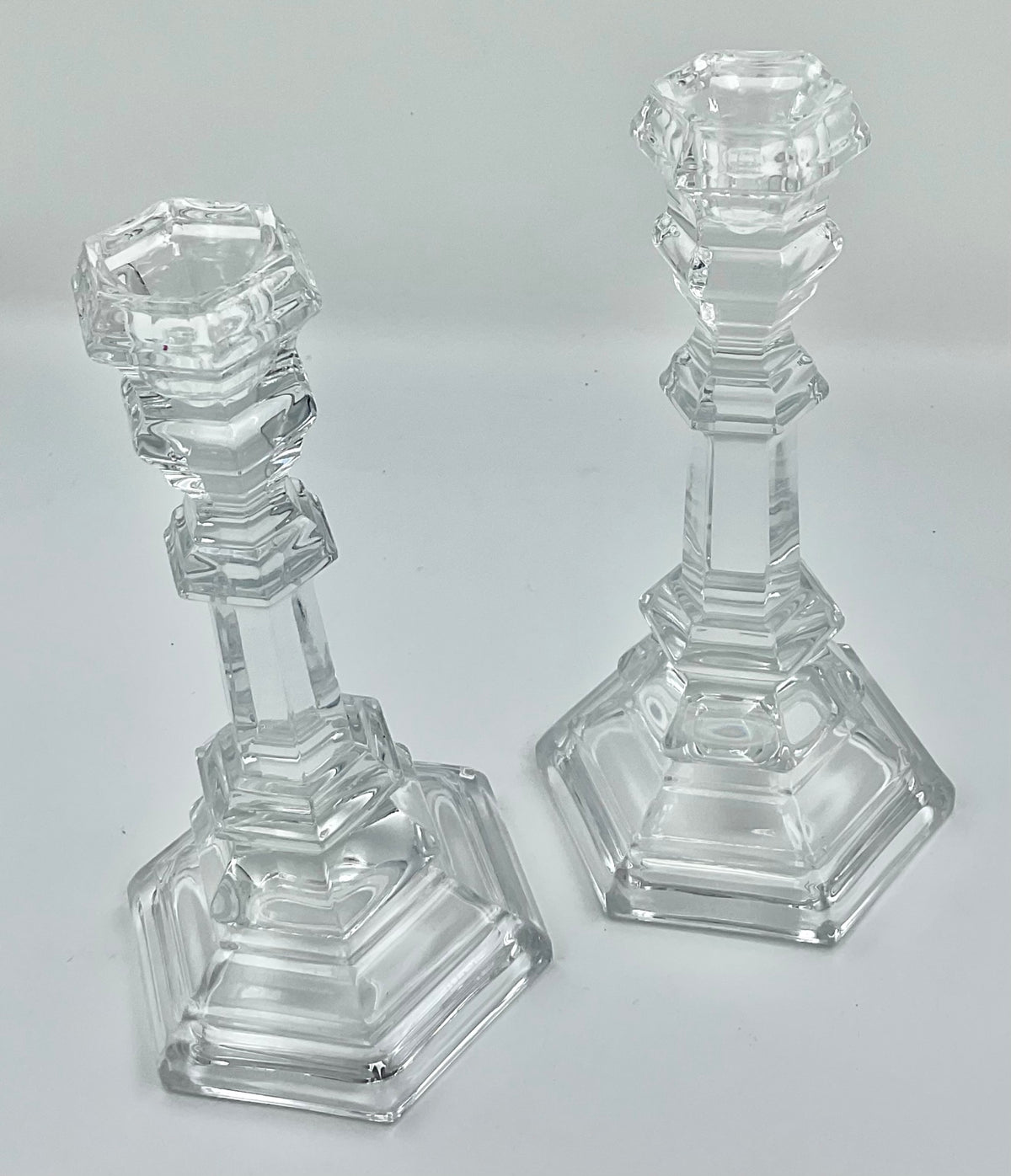 Tiffany & Co. Crystal Candlesticks – Pair with Hexagonal Bases, 8 Inches