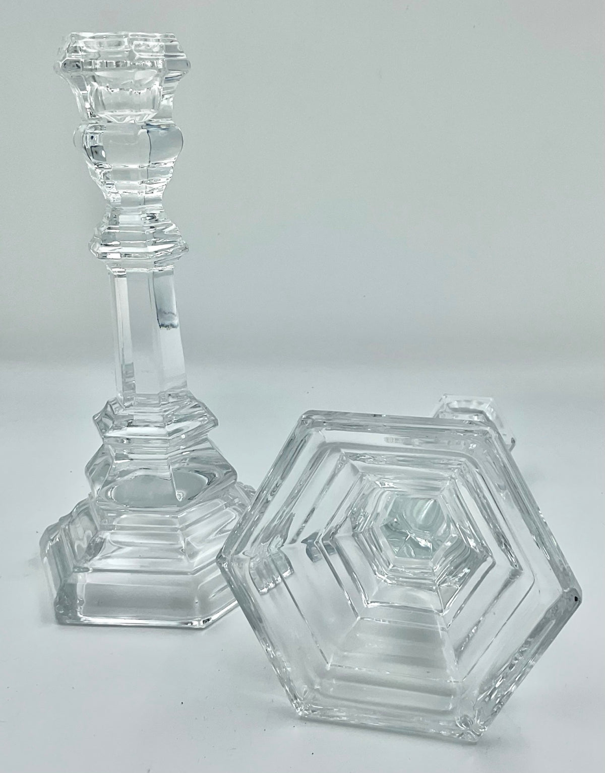 Tiffany & Co. Crystal Candlesticks – Pair with Hexagonal Bases, 8 Inches