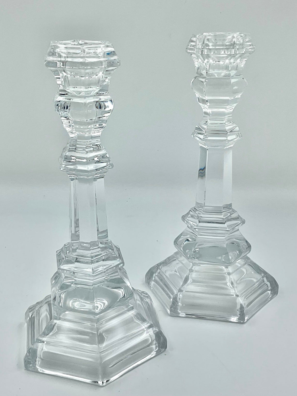 Tiffany & Co. Crystal Candlesticks – Pair with Hexagonal Bases, 8 Inches