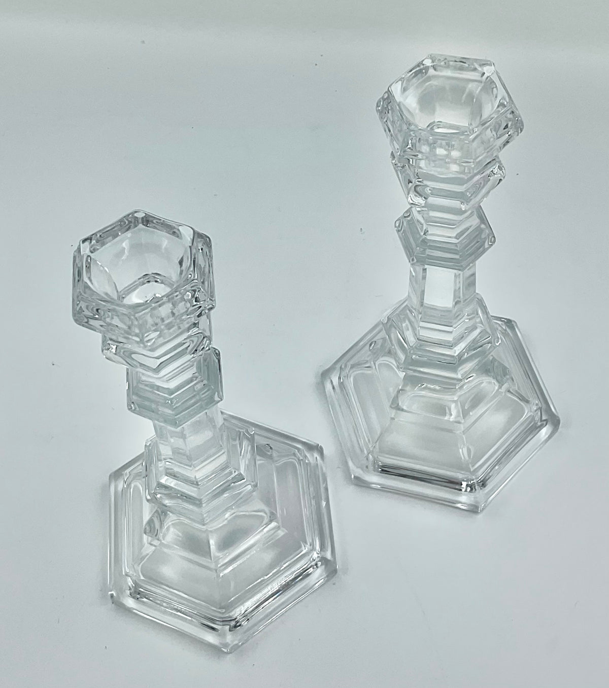 Tiffany & Co. Crystal Candlesticks – Pair with Hexagonal Bases, 8 Inches