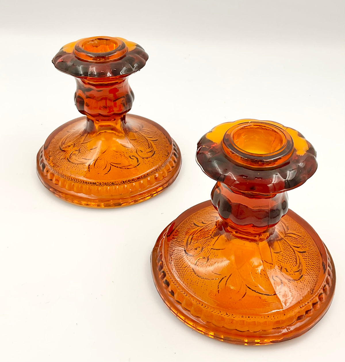 Indiana Glass Sandwich amber candle holder pair