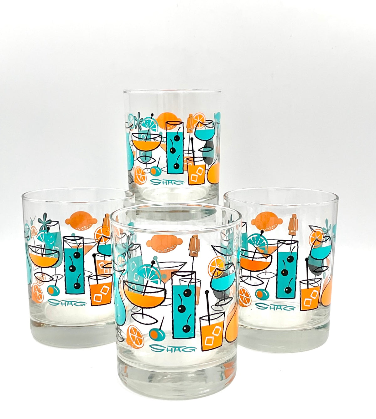 Set of four SHAG Cocktails glasses in turquoise and orange