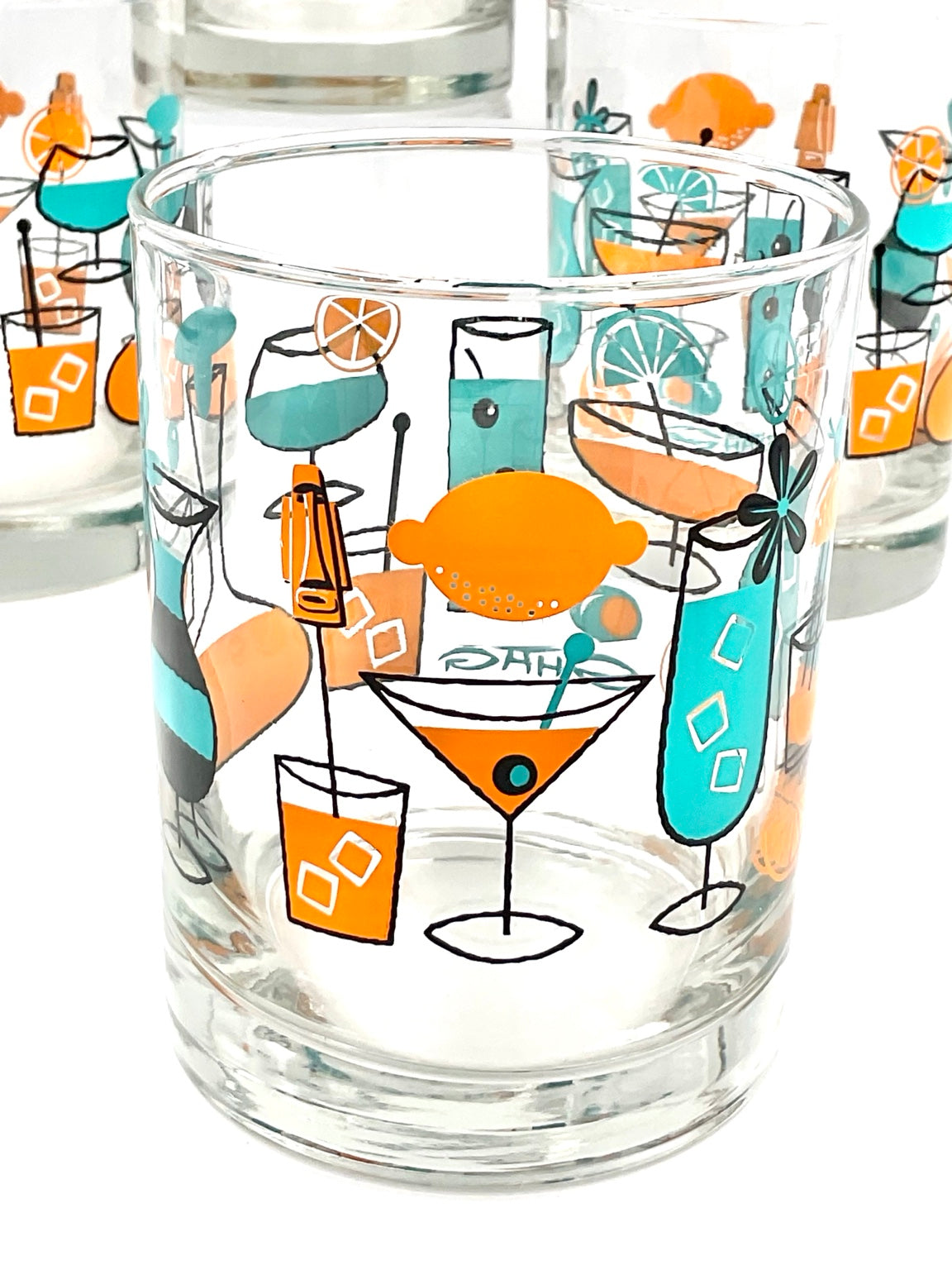 Orange and turquoise cocktail illustrations on SHAG glass
