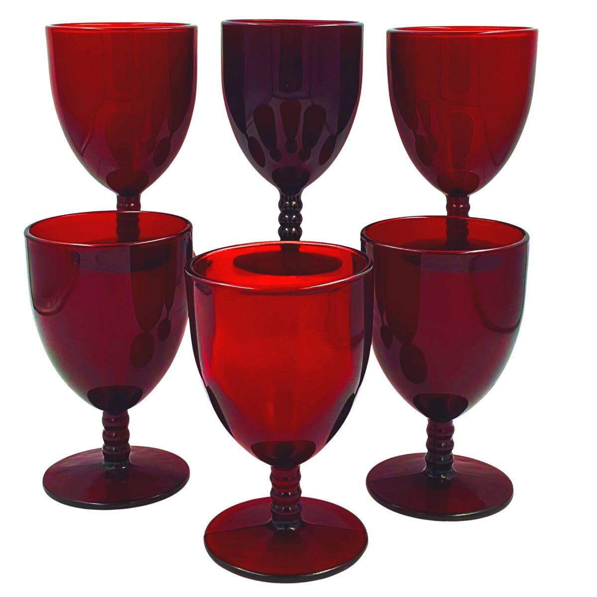 Six ruby red Monarch goblets showing ringed stems
