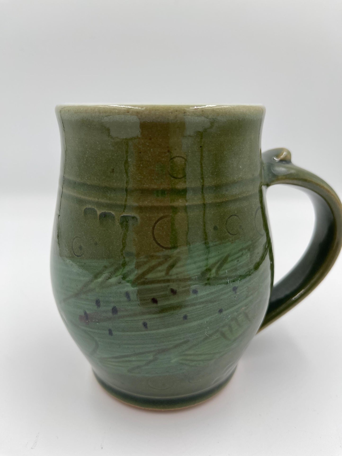 Vintage Handmade Pottery Green Mug with Fish Design