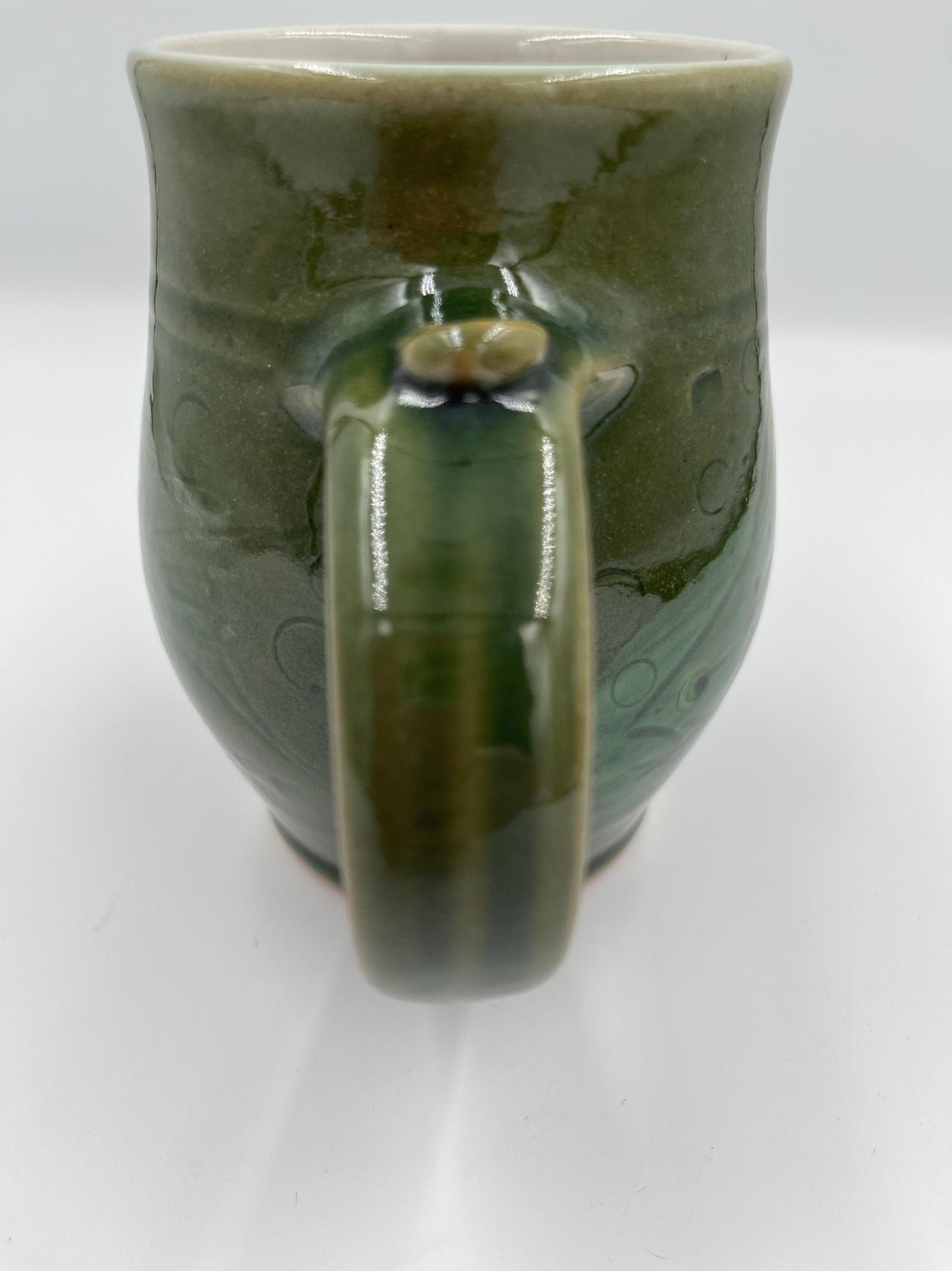 Vintage Handmade Pottery Green Mug with Fish Design