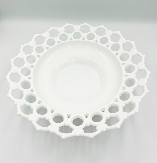 Vintage Milk Glass Footed Lattice Edge Bowl